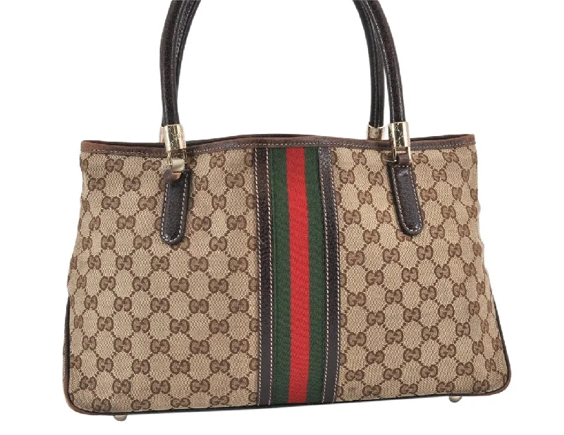 Gucci handbags for women with a patent - leather finishAuthentic GUCCI Web Sherry Line Tote Bag GG Canvas Leather 161717 Brown 1819K