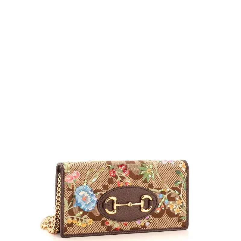 Women Gucci bags with a front - zip pocket for small itemsGucci Horsebit Chain Wallet Embroidered