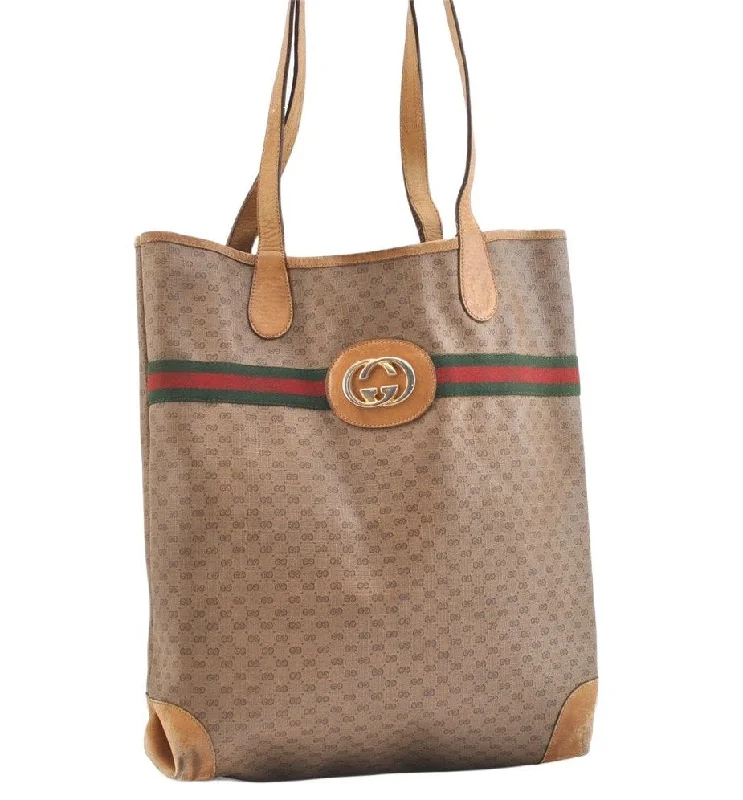 Women Gucci bags with a zip - around closure for securityAuthentic GUCCI Web Sherry Line Micro GG PVC Leather Tote Bag Brown 1651K