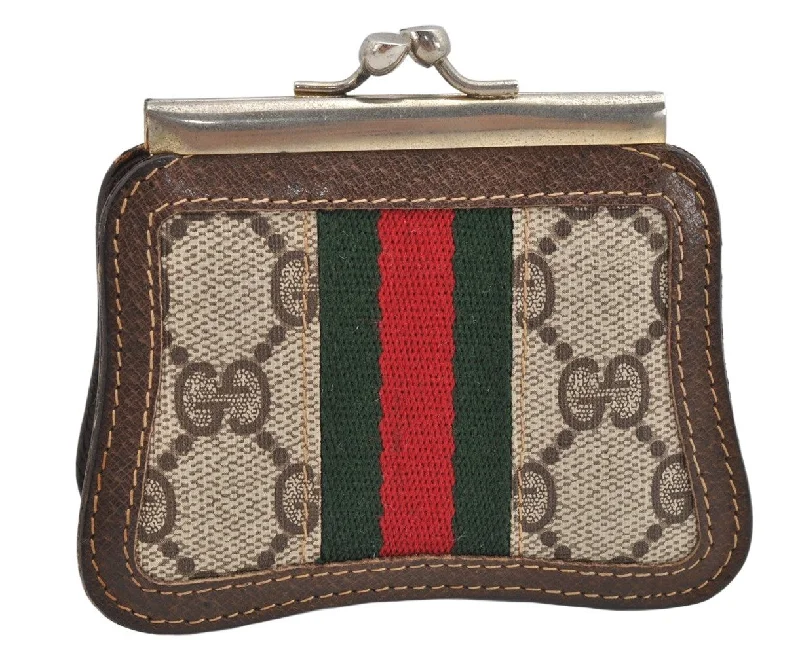 Women Gucci crossbody bags with a printed floral patternAuthentic GUCCI Web Sherry Line Coin Purse Case GG PVC Leather Brown 1685K