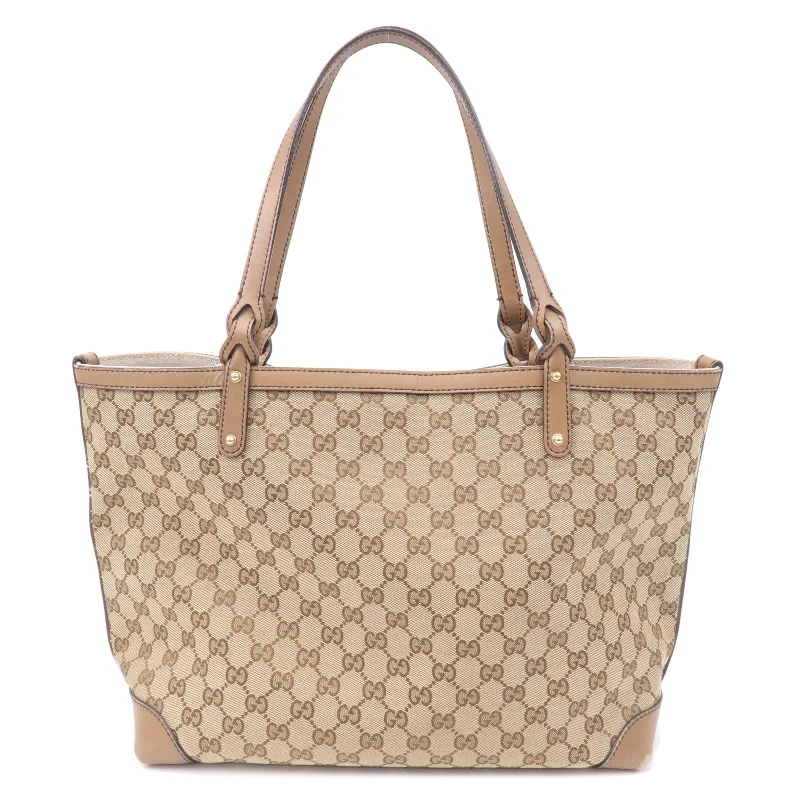 Women Gucci crossbody bags with a woven leather strapGUCCI GG Canvas Leather Tote Bag Beige Brown 247209