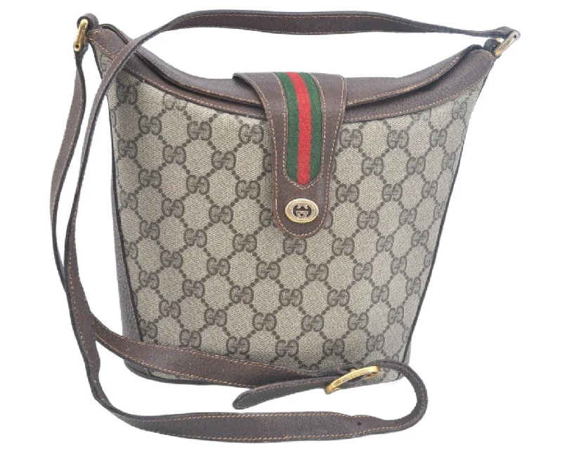 Women Gucci Sylvie bags with a monogram - embossed leatherAuthentic GUCCI Web Sherry Line Shoulder Cross Bag GG PVC Leather Brown K9992