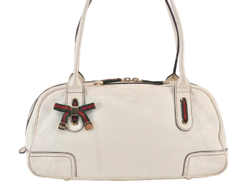 Women Gucci bags with a zippered interior pocketAuth GUCCI Web Sherry Line Princy Ribbon Shoulder Bag Leather 161720 White 1683K