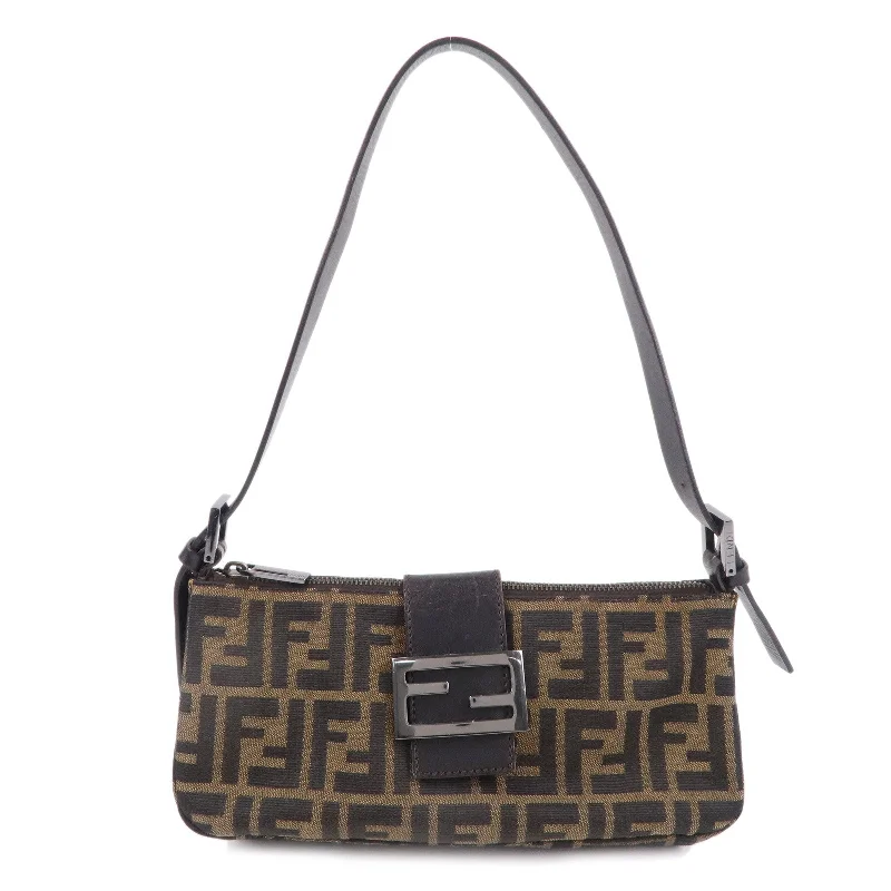 Fendi bags with a zip - top closure and a front - pocket for quick access to keys and cardsFENDI Zucca Canvas Shoulder Bag Black Brown 8BR034