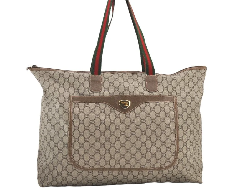 Women Gucci bags with a chain - link trim and a leather bodyAuthentic GUCCI Web Sherry Line GG Plus Travel Bag PVC Leather Brown 1572K