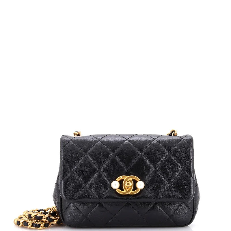 CC Pearl Section Chain Flap Bag Quilted Calfskin Mini