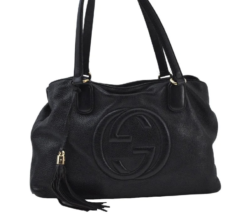 Women Gucci bags with a front - zip pocket for small itemsAuthentic GUCCI SOHO Tassel Shoulder Bag GG Leather 308363 Black K9979