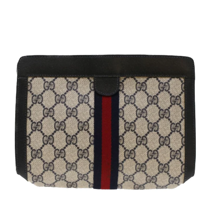 Women Gucci bags with a zippered interior pocketGUCCI GG Canvas Sherry Line Clutch Bag PVC Leather Navy Red  yk7860