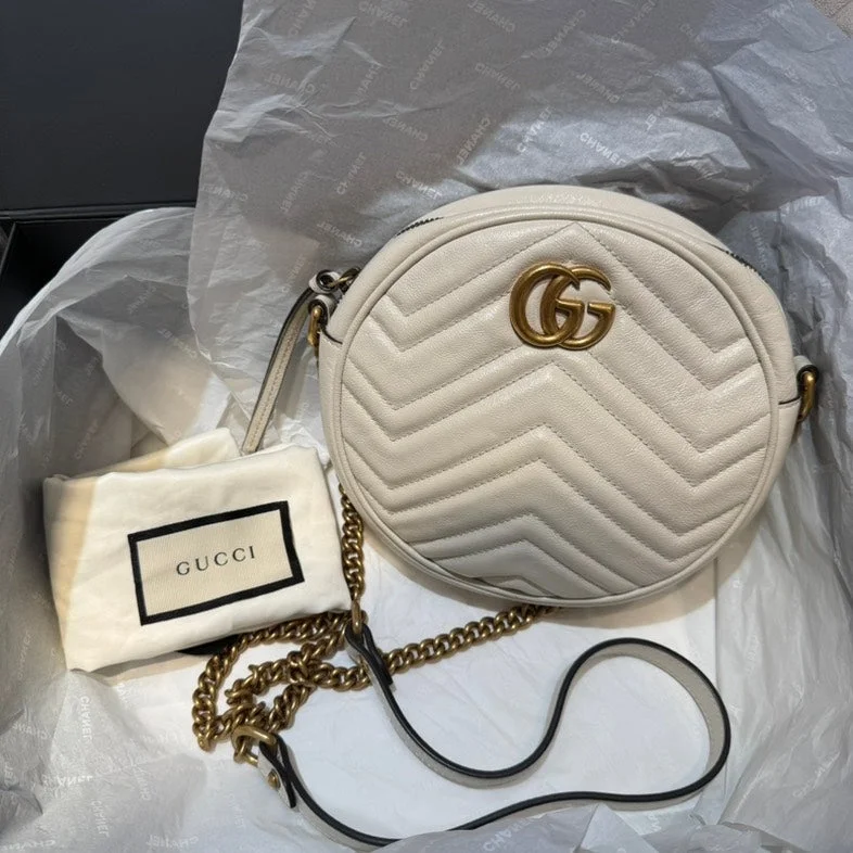 Women Gucci bags with a detachable mobile phone holderGucci Marmont Beige Leather Chevron Round Crossbody Bag