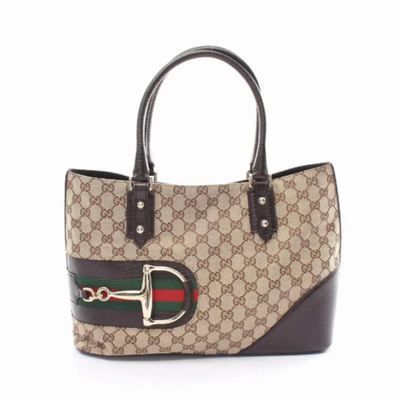 Gucci tote bags for women with a printed Gucci logoGucci Hustler Bit Sherry Line GG Leather Tote Bag Beige Dark Brown Multicolor