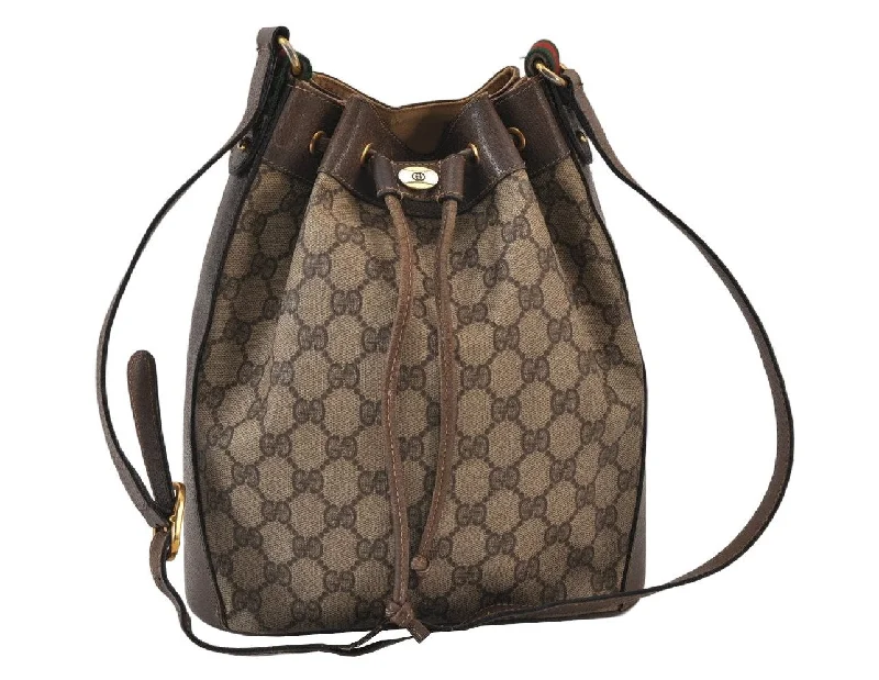 Women Gucci Sylvie bags with a detachable ribbon detailAuthentic GUCCI Web Sherry Line Drawstring Bag GG PVC Leather Brown Junk 1634K