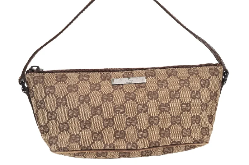 Women Gucci bags with a snap - button closure and a decorative charmAuthentic GUCCI Vintage Hand Bag Pouch Purse GG Canvas Leather 07198 Brown 1652K