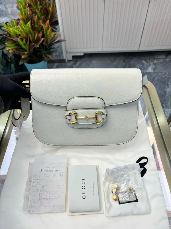 Gucci handbags for women with a metal - framed claspGucci Horsebit 1955 White Leather Shoulder Bag Full Set