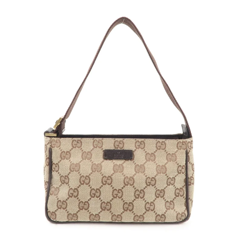 Women Gucci bags with a zip - around closure for securityGUCCI GG Canvas Leather Hand Bag Beige Brown 106644