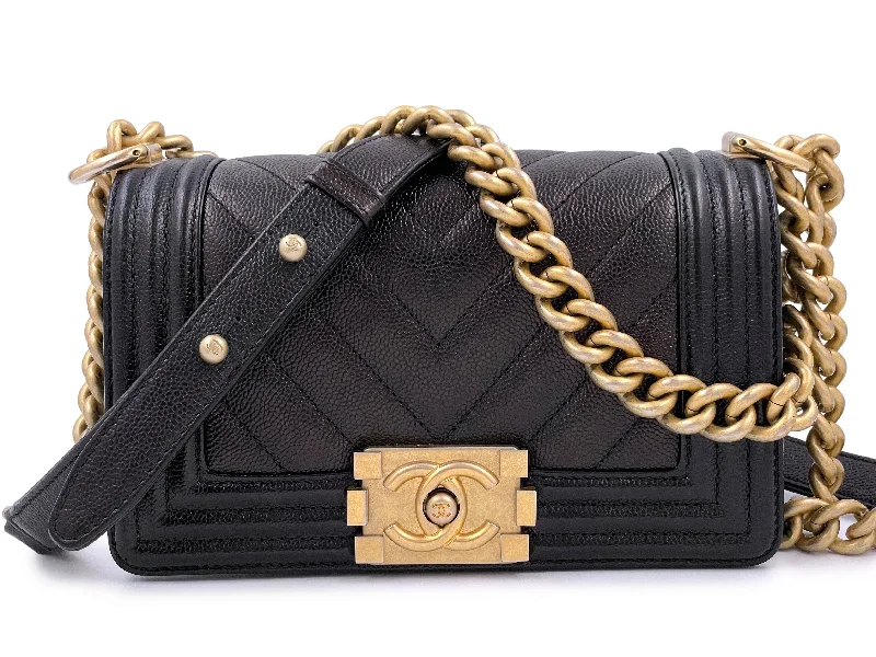 Chanel All - Match Handbag for Versatile StylingChanel Black Caviar Chevron Small Boy Flap Bag GHW