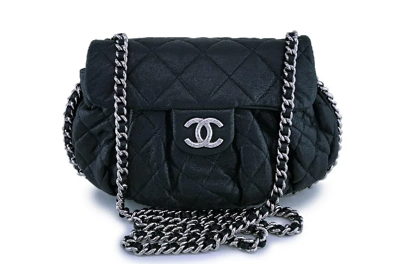 Chanel Luxury Handbag for High - End EventsChanel Black Textured Calf Medium Chain Around Crossbody Flap Bag SHW