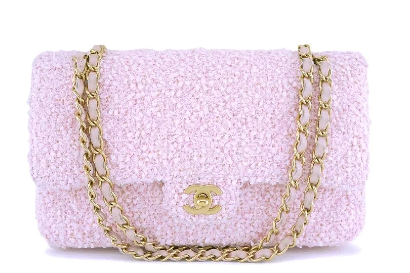 Chanel All - Match Handbag for Versatile StylingChanel Pink Tweed Medium Classic Double Flap Bag GHW