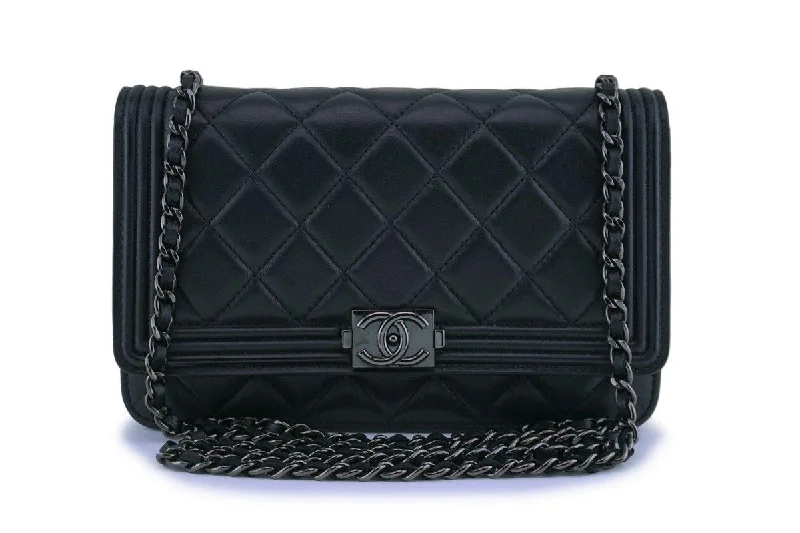 Chanel Handbag with Adjustable Strap for ComfortChanel So Black Lambskin Boy Wallet on Chain WOC Bag