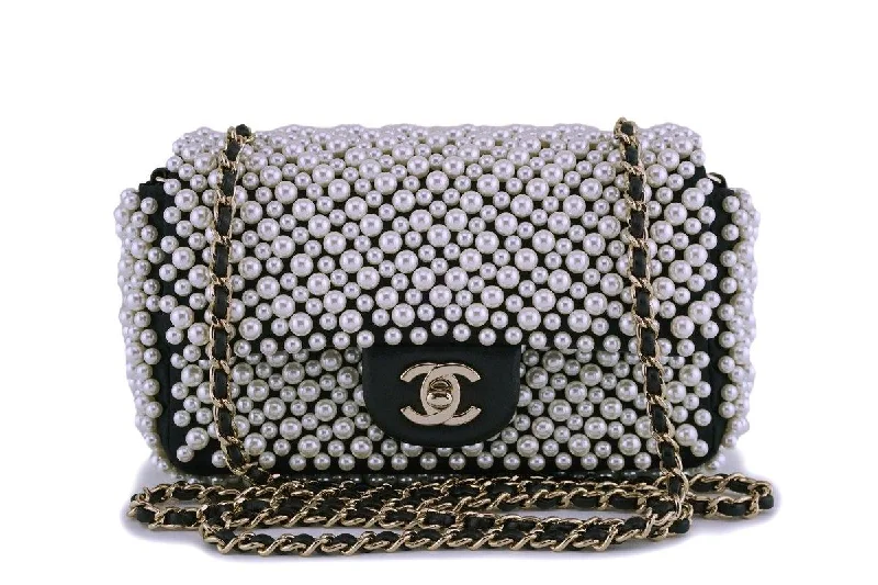 Chanel Luxury Handbag for High - End EventsRare Chanel Black Pearl Studded Mini Classic Flap Bag GHW