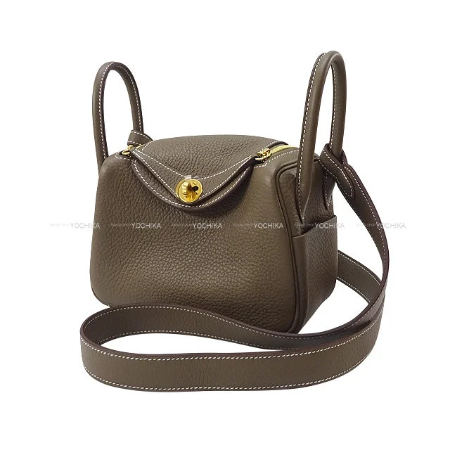 HERMES Shoulder bag Lindy 20 mini Etoupe Taurillon Clemence Gold HW Stamp