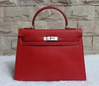 Hermes Kelly 32cm Epsom Leather Handbag Red Silver