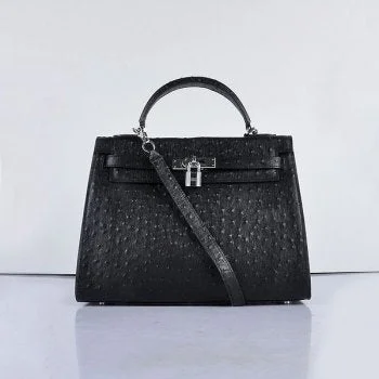 Hermes Kelly 32cm Ostrich Vein 6108 Black Silver