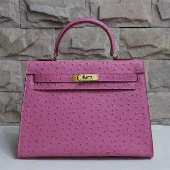 Hermes Kelly 32cm Ostrich Vein Handbag Pink Golden