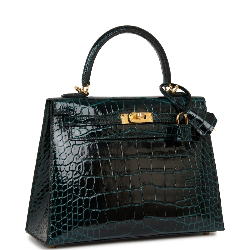 Hermes Kelly Sellier 25 Vert Rousseau Shiny Alligator Gold Hardware