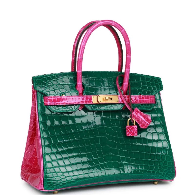 Hermes Special Order (HSS) Birkin 30 Emerald and Rose Scheherazade Shiny Niloticus Crocodile Brushed Gold Hardware