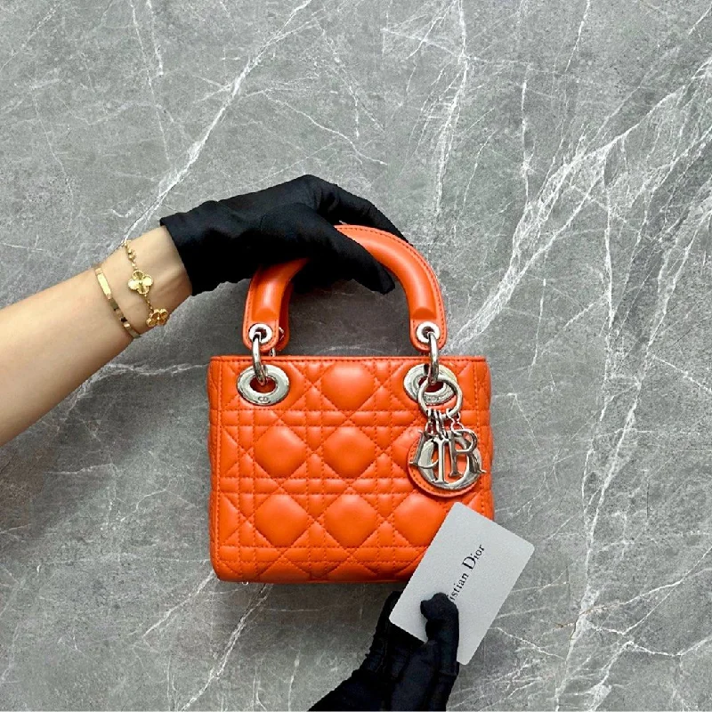 Christian Dior handbags with a removable shoulder strap for versatility*No Strap* Lady Mini Lambskin Orange SHW